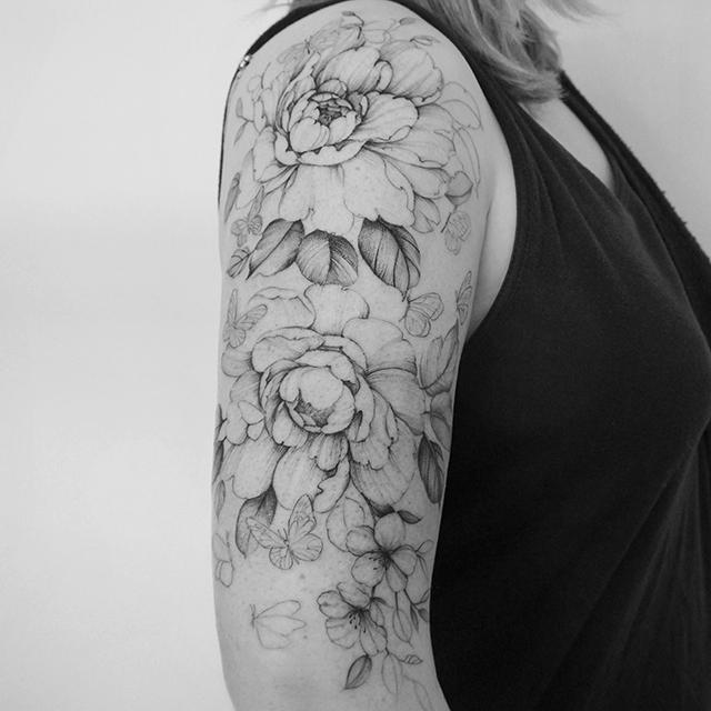 fineline peony tattoo