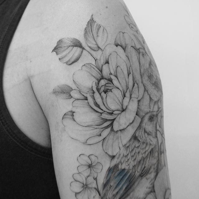 peony upper arm tattoo